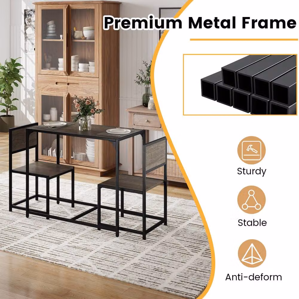 Costway Industrial 3-Piece Dining Set with Rectangular Kitchen Table and 2 Chairs in Grey – 3