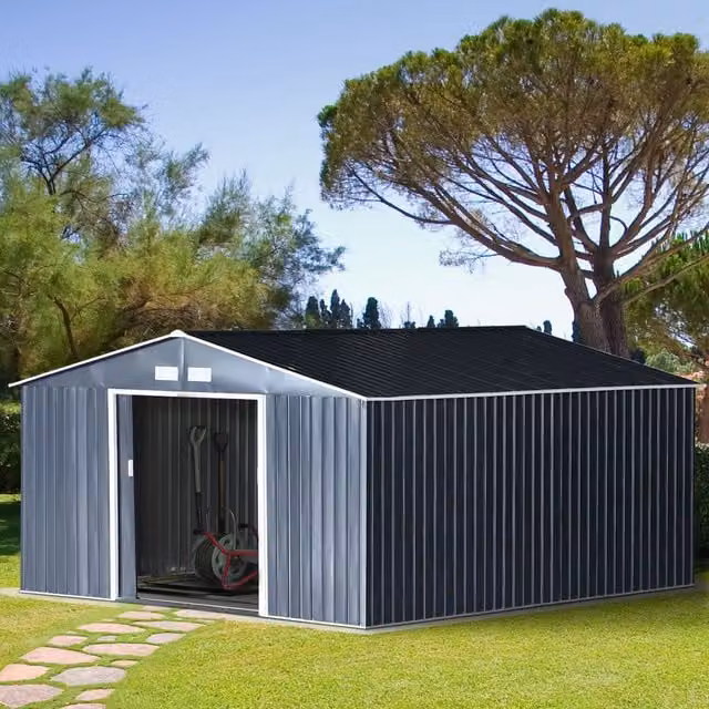 Outsunny Grey Galvanised Steel Pent Garden Storage Shed with Sliding Doors and Side Vent – 1