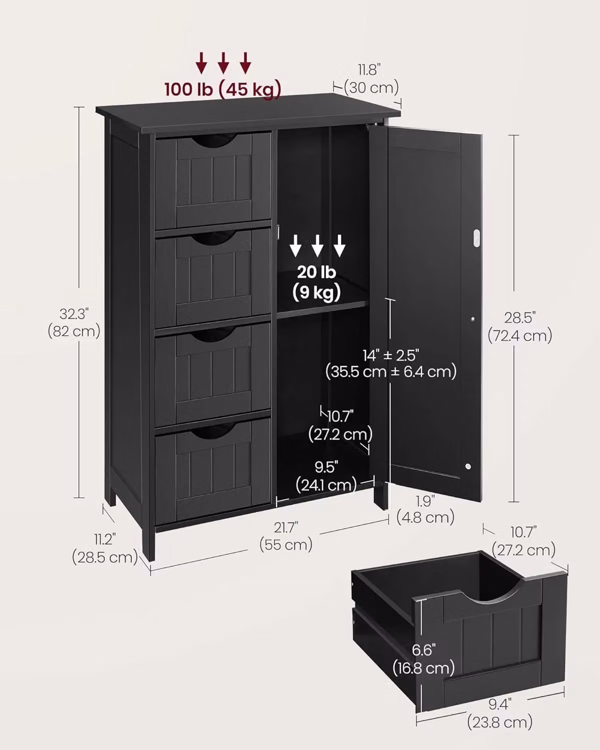 VASAGLE Black Minimalist Bathroom Floor Storage Cabinet with 4 Drawers and 1 Hinged Door – 2