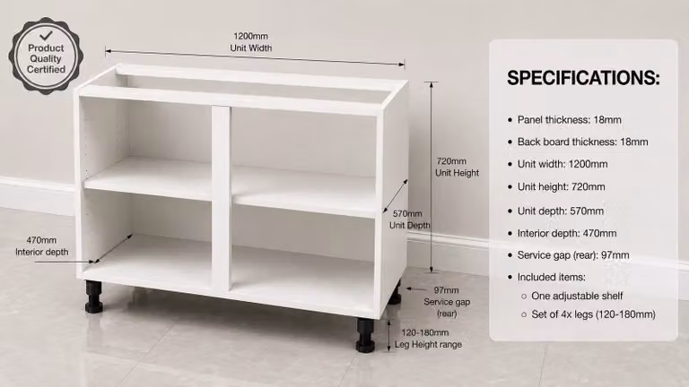 Cheap Furniture Warehouse White Matt Kitchen Base Unit with Internal Shelves and Open Shelf Doors, W: 120 cm, H: 72 cm, D: 57 cm