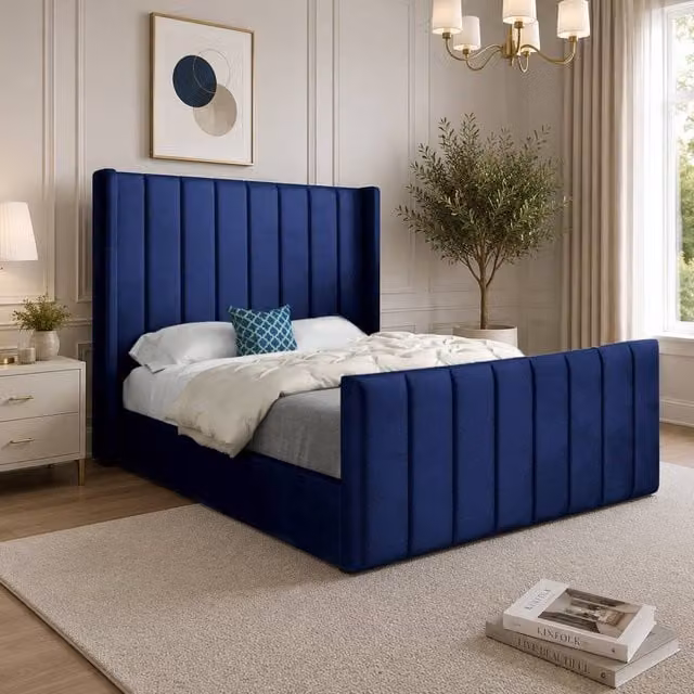 Casani Sherburn Double Upholstered Velvet Designer Bed Frame in Blue, W/D/H: 144 x 137 x 200 cm – 1