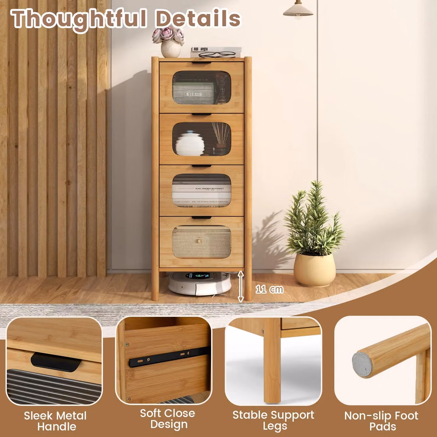 Costway 4-Drawer Bamboo Storage Cabinet with Tempered Glass Drawers in Natural Sand Finish – 3