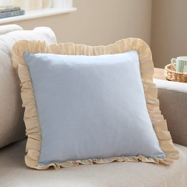 Wylder Effie Plain Ruffle Cotton Cushion in Blue, W/D/H: 45 x 45 x 45 cm