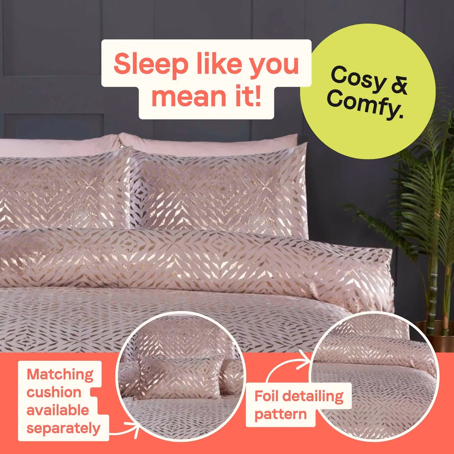 Rapport Home Bellagio Embellished Polycotton Duvet Cover and Pillowcase Set in Pink and Gold, W/D/H: 135 x 200 cm – 3