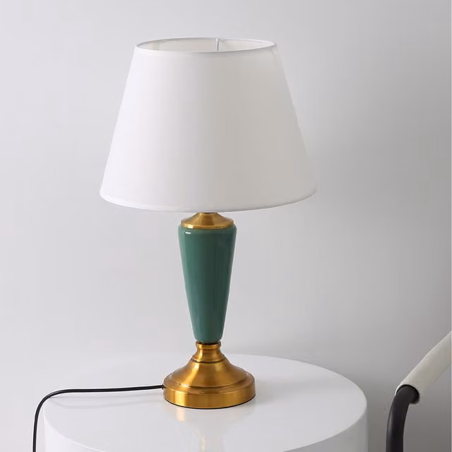 Livingandhome Vintage Green Ceramic Table Lamp with Gold/Brass Accents and Fabric Cone Shade