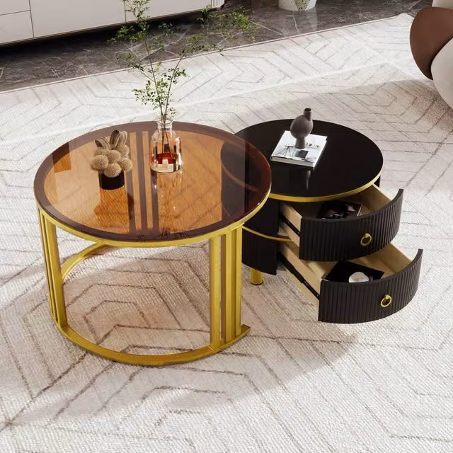 Merax Modern 2-Piece Nesting Coffee Table Set with Tempered Glass and Drawers in Black and Brown – 1