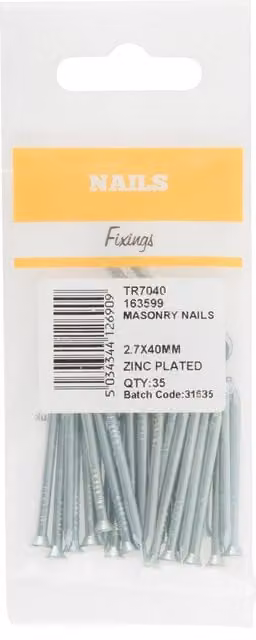 Hiatt Galvanised Steel Masonry Nails, Silver, 2.7 mm x 40 mm