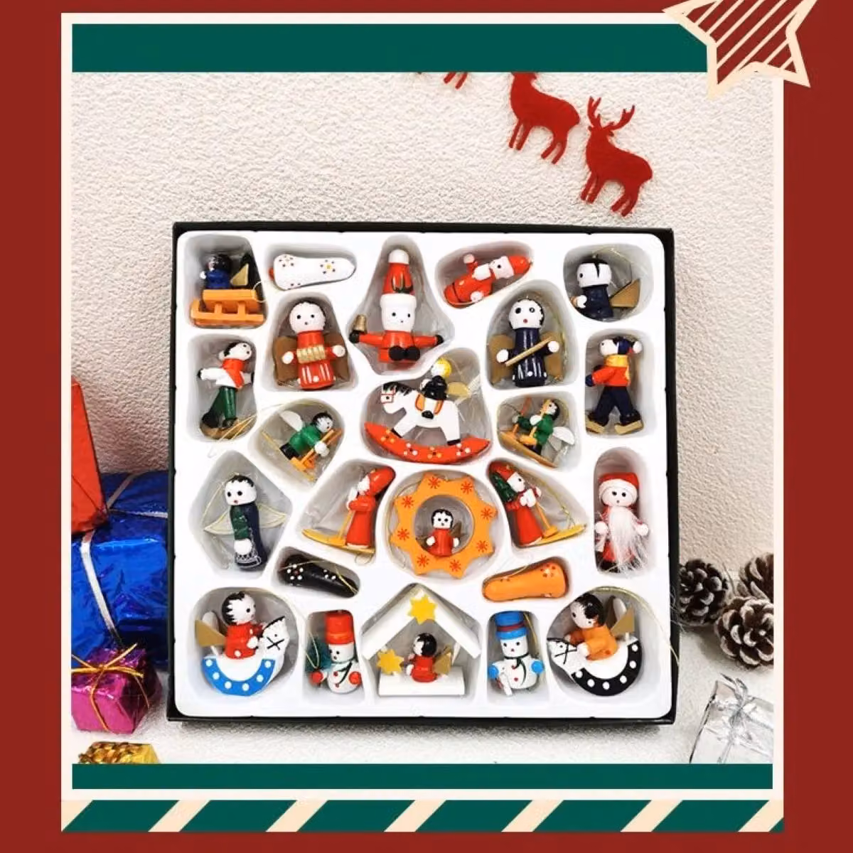 Leaper 24 Red Wooden Christmas Tree Hanging Ornaments with Santa, Snowman and Reindeer Figures – 6
