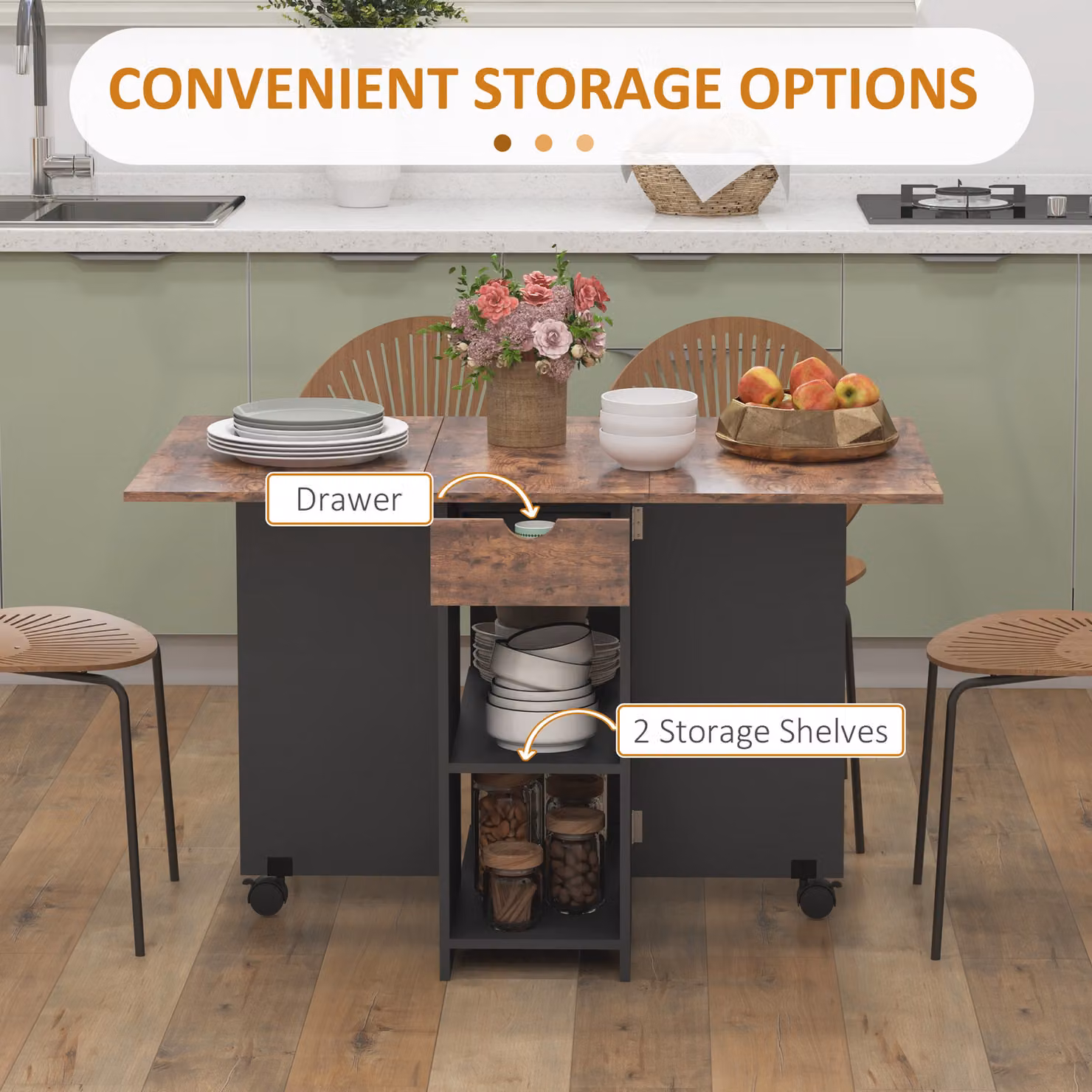 HOMCOM Folding Butterfly Leaf Dining Table with Storage Shelves and Drawer in Rustic Brown – 4