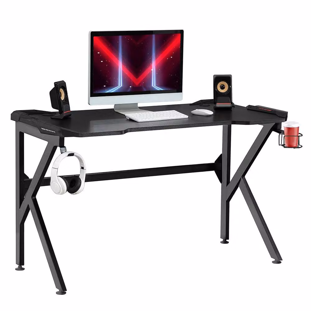 HOMCOM Black Gaming Desk with Steel Frame and Headphone Holder – 2