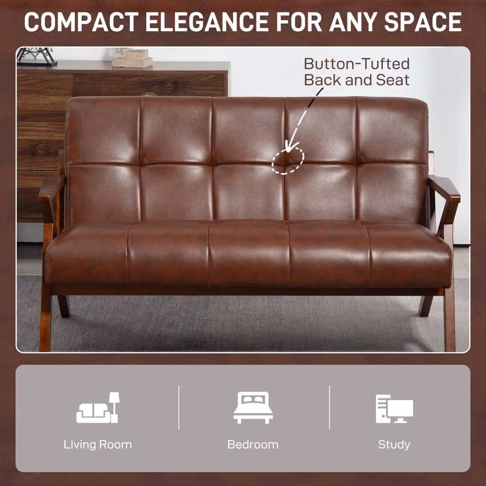 Wyld Haus Kara Brown Faux Leather Tufted 2 Seater Compact Loveseat – 6