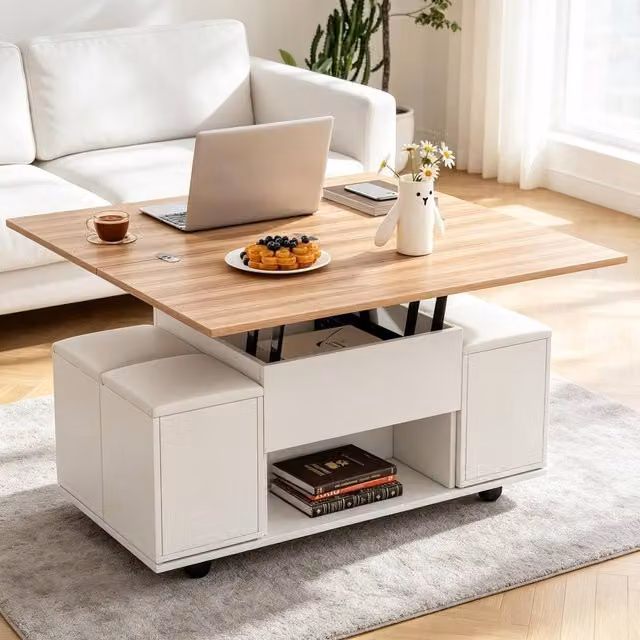 Rolipo White Modern Wood Lift Top Coffee Table with Storage and 4 Chairs