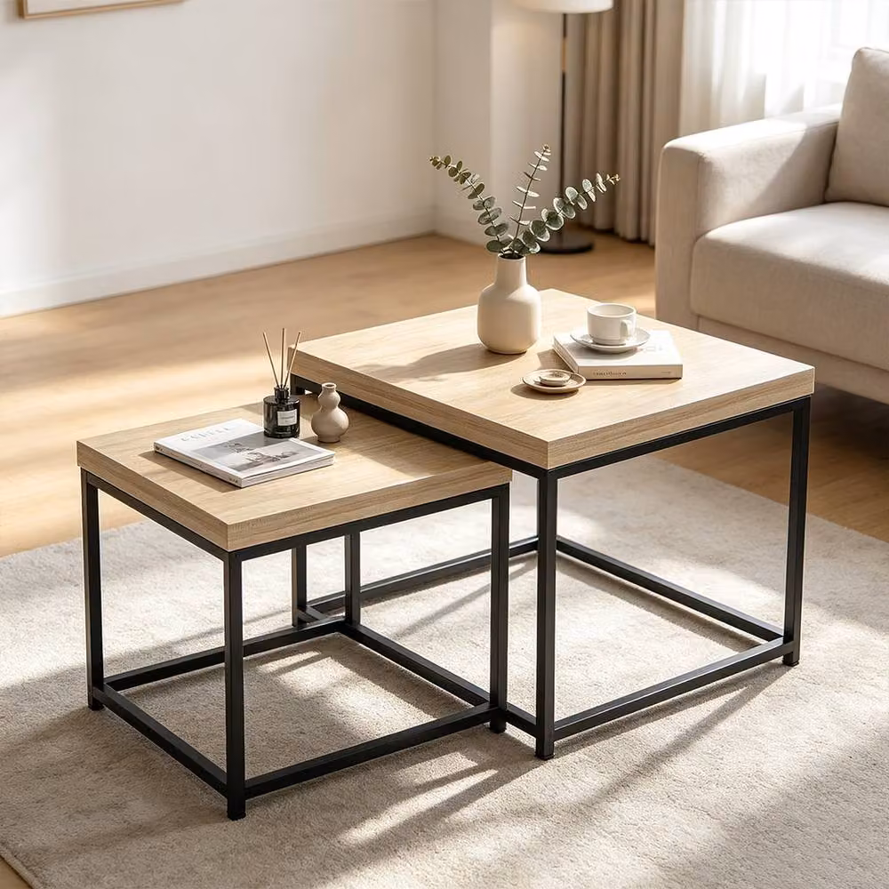ERGOVEXA Nest of 2 Coffee Tables in Light Oak with 3.5cm Thick Tabletop – 3