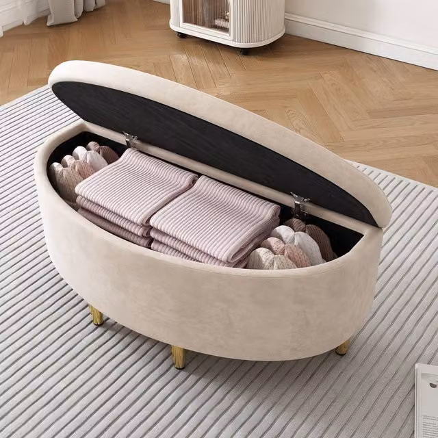BTM Beige Velvet Upholstered Storage Bench with Metal Legs for Hallway or Living Room – 1