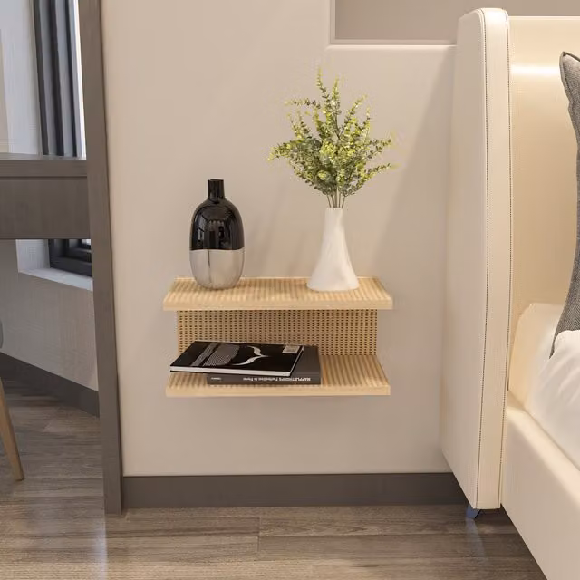 Decorotika Ramira Floating Bedside Table in Brown and Beige with Rattan Pattern