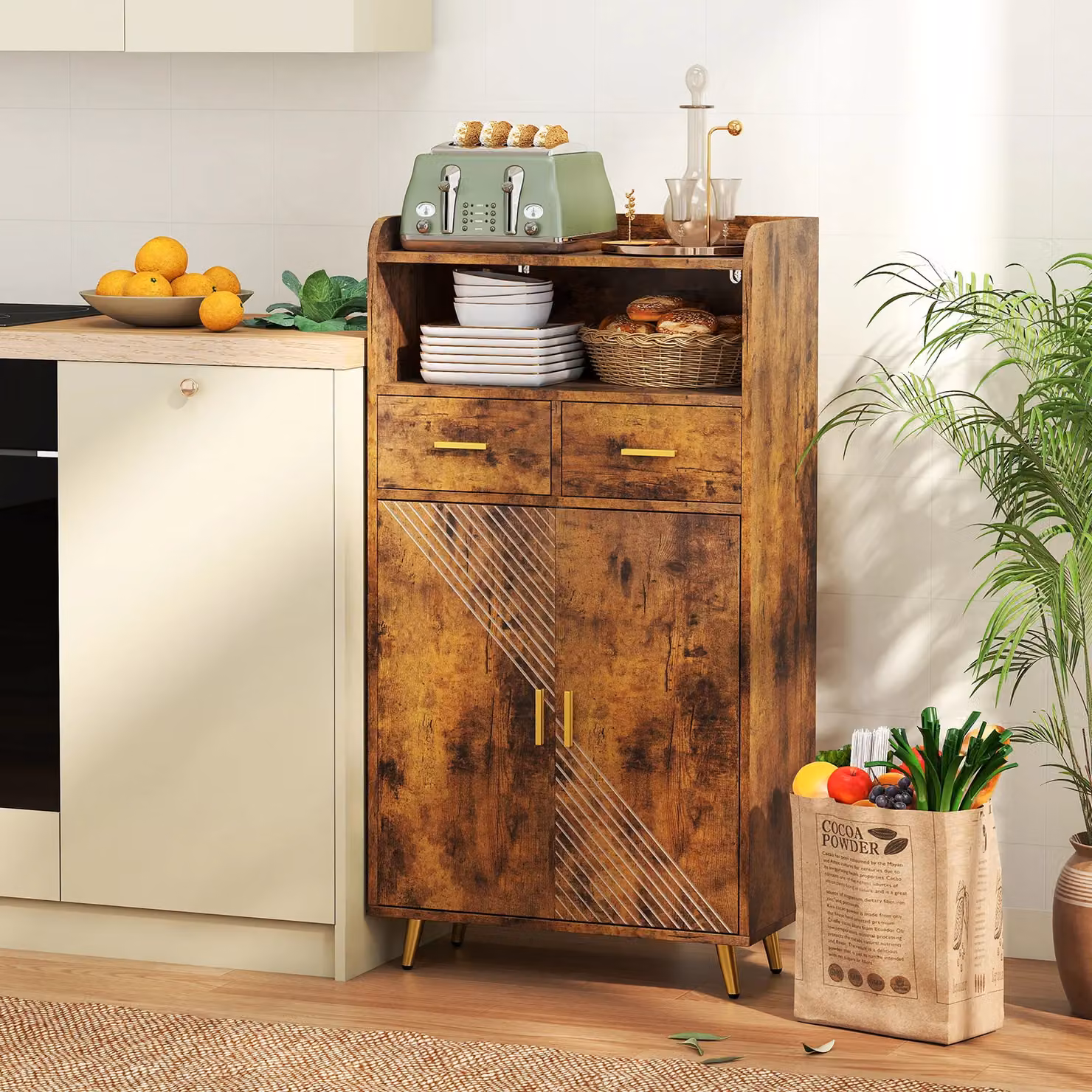 Gymax Freestanding Buffet Sideboard Kitchen Cabinet with 2 Doors and 2 Drawers in Brown – 3