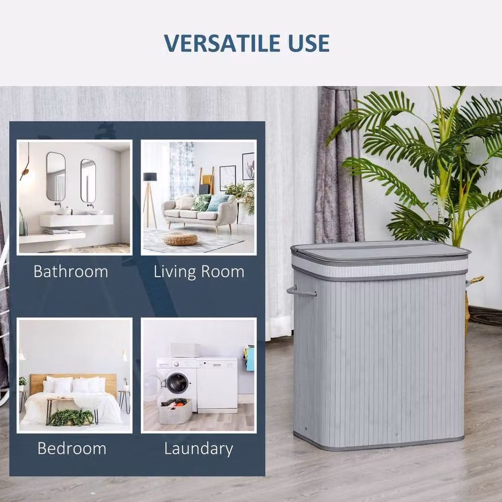 KORVIXA 100L Wooden Laundry Basket with 2 Compartments and Removable Bag, Grey, W/D/H: 100 x 100 x 100 cm – 2