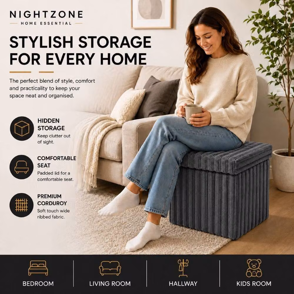 Homes-Linen Corduroy Ribbed Foldable Storage Ottoman in Charcoal Grey, W: 78 cm, D: 38 cm, H: 38 cm – 2