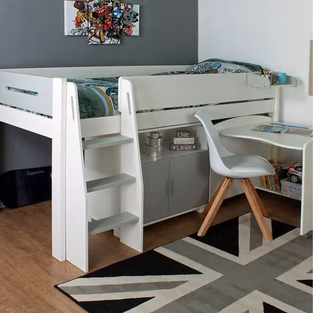 Kids Avenue Urban Grey Mid Sleeper Bed Frame in White and Grey with Stairs and Steps