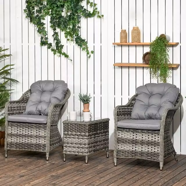 Outsunny Modern Grey Aluminium Rattan Bistro Set with Cushions