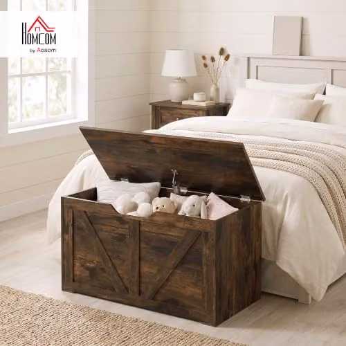 HOMCOM 100L Storage Chest with Safety Hinge in Rustic Brown, W/D/H: 80 x 40 x 45 cm – 2