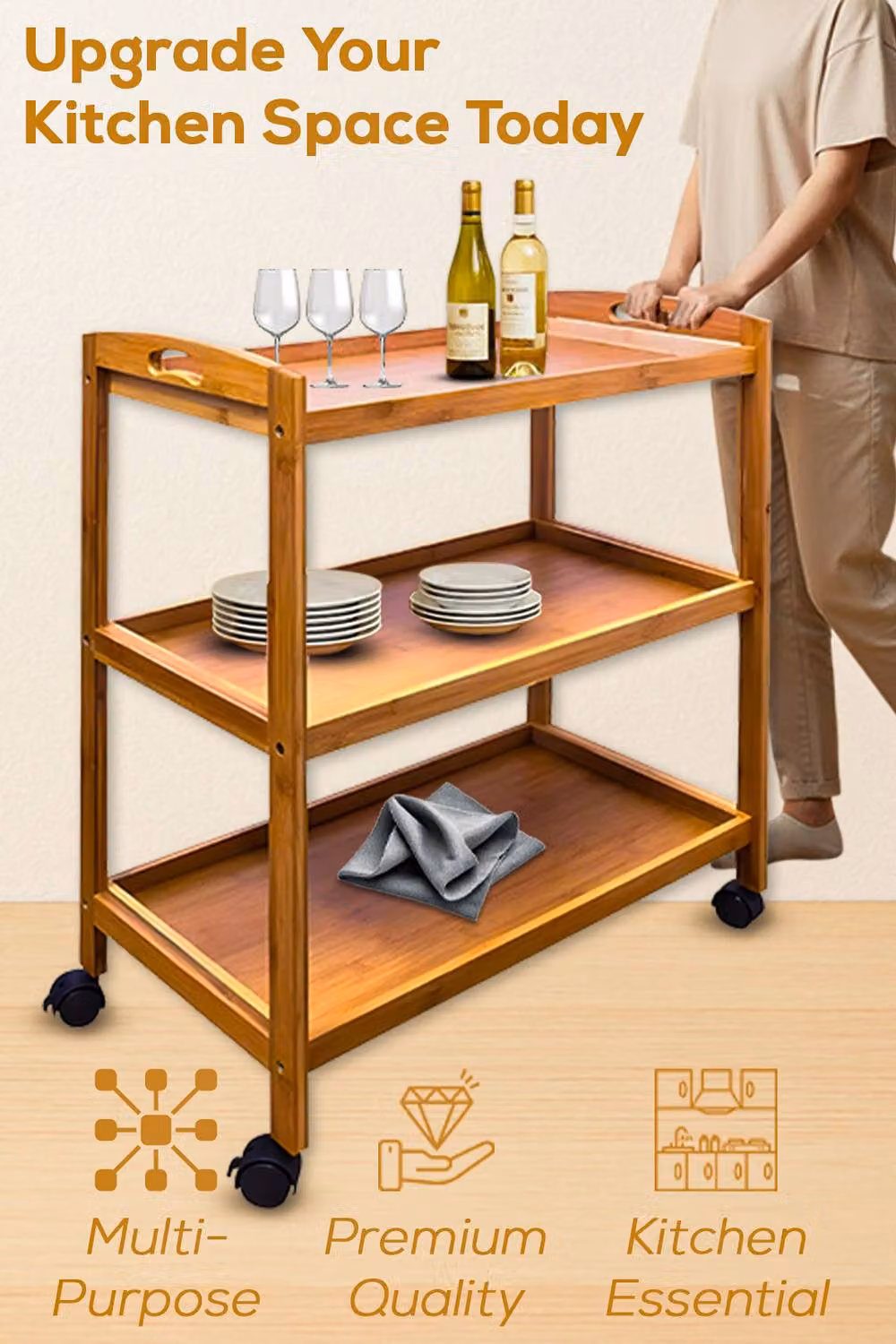 Hygrad 3 Tier Bamboo Kitchen Serving Trolley Island Cart with Wheels in Natural – 4