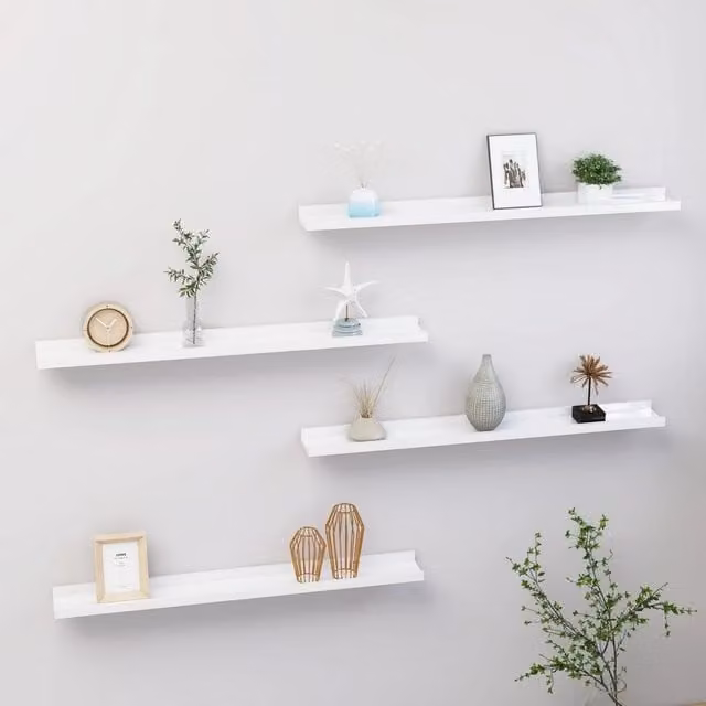Berkfield Home Set of 4 High Gloss White Wall Mounted Shelves, W: 80 cm, D: 9 cm, H: 3 cm