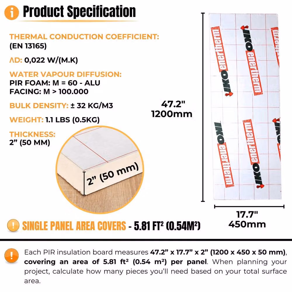 Novecrafto Thermal PIR Insulation Boards with Aluminium Foil, White, 5 Pieces, W: 120 cm, D: 45 cm, H: 5 cm – 2