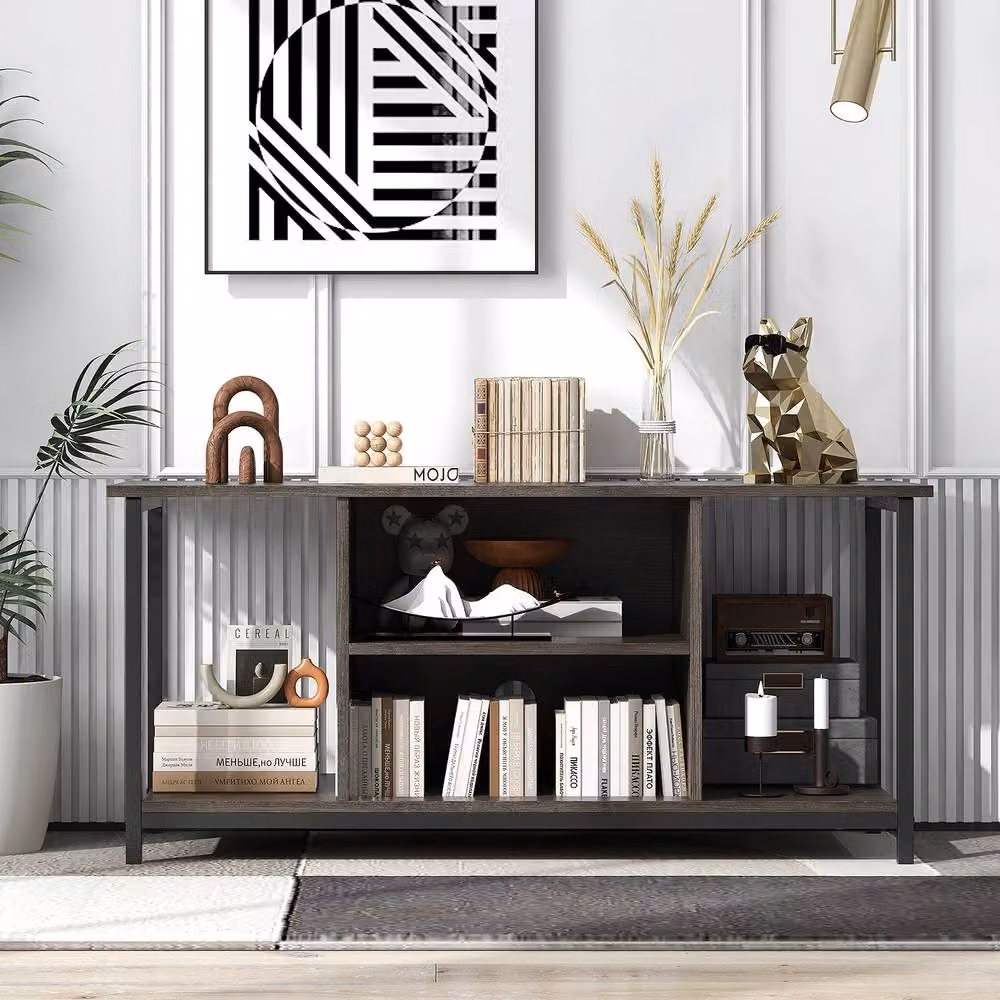 Gymax Modern 3-Tier Grey TV Stand with Power Outlet and Type-C Port – 3