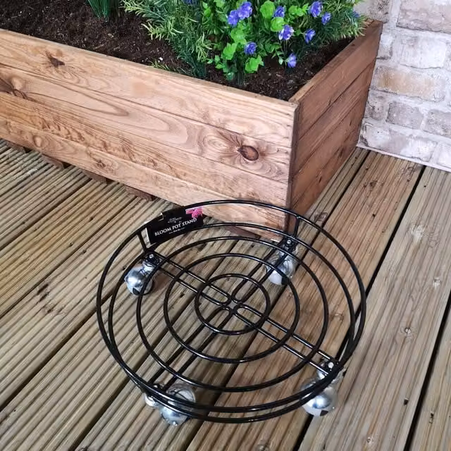 Tom Chambers Handcrafted Black Metal Round Garden Planter Trolley, Diameter: 27 cm – 1