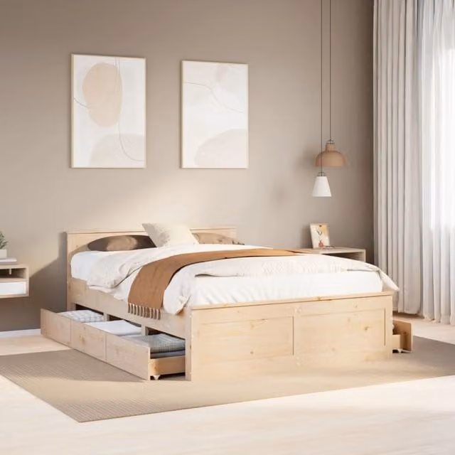 Berkfield Home Solid Wood Pine Bed Frame with Headboard in Brown, W: 140 cm, D: 190 cm