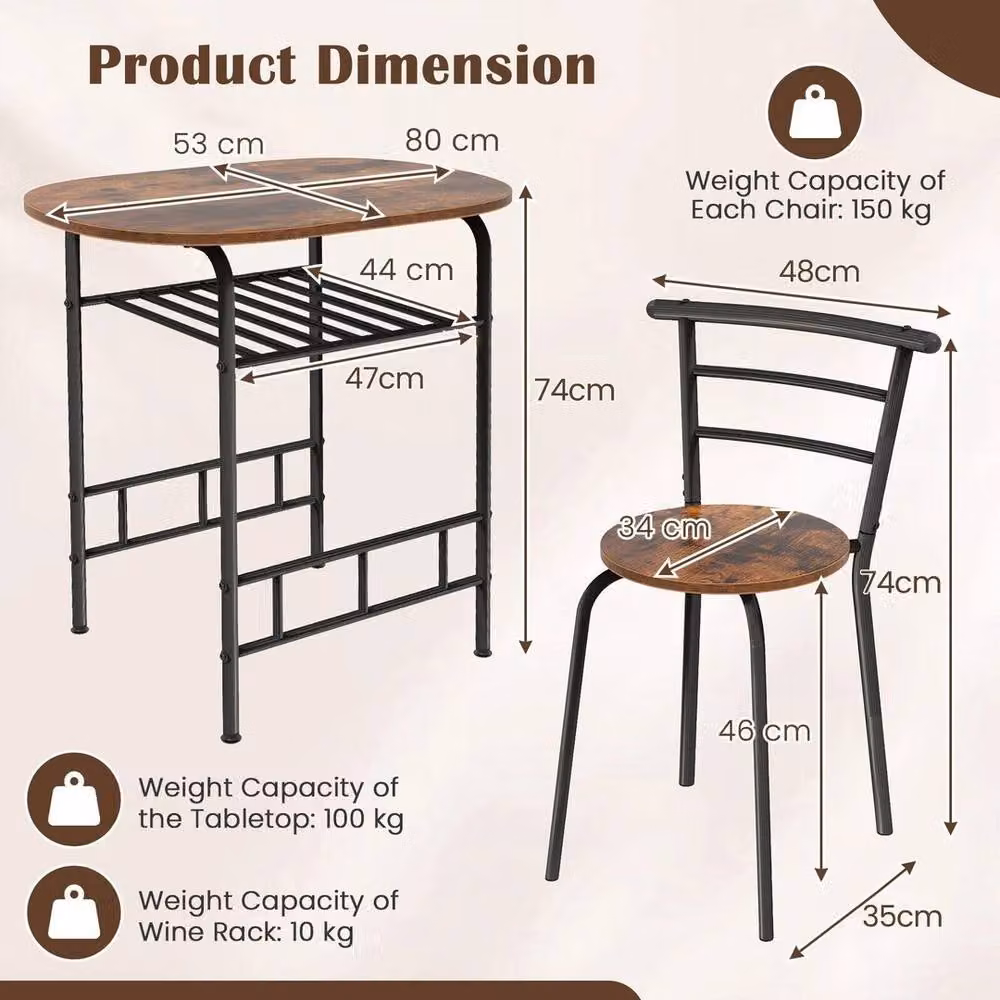 VOGREX 3-Piece Bar Table and 2 Chairs Set with Storage Shelf in Brown – 2