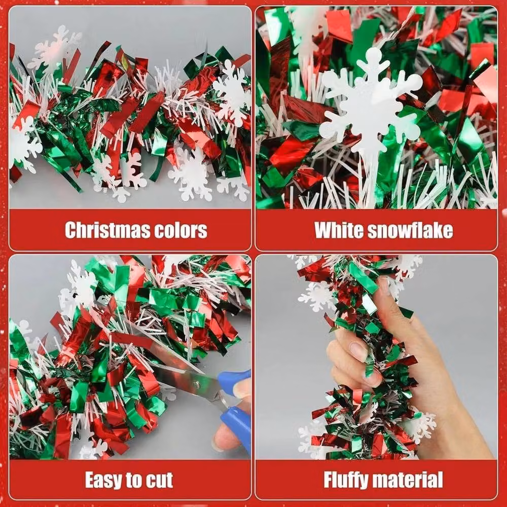 FLAVORA Christmas Snowflake Tinsel Garland in Red and Green, 15 m – 4