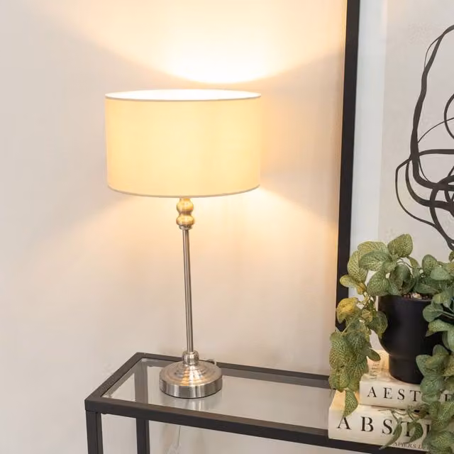 ValueLights Maggie Brushed Chrome Candlestick Table Lamp with White Fabric Drum Shade and LED Bulb – 1