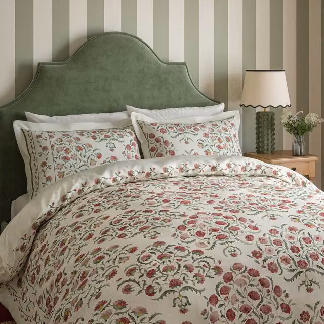 Sanderson Ottoman Floral Mako Satin Cotton Duvet Cover and Pillowcase Set, Multicolour, 200 x 200 cm