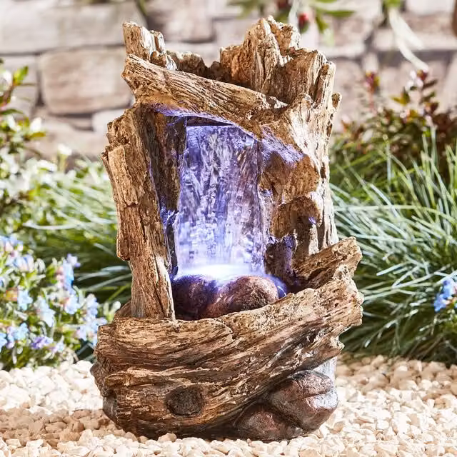 Serenity Rustic Tree Trunk Tabletop Waterfall Water Feature with LED Lighting, Brown