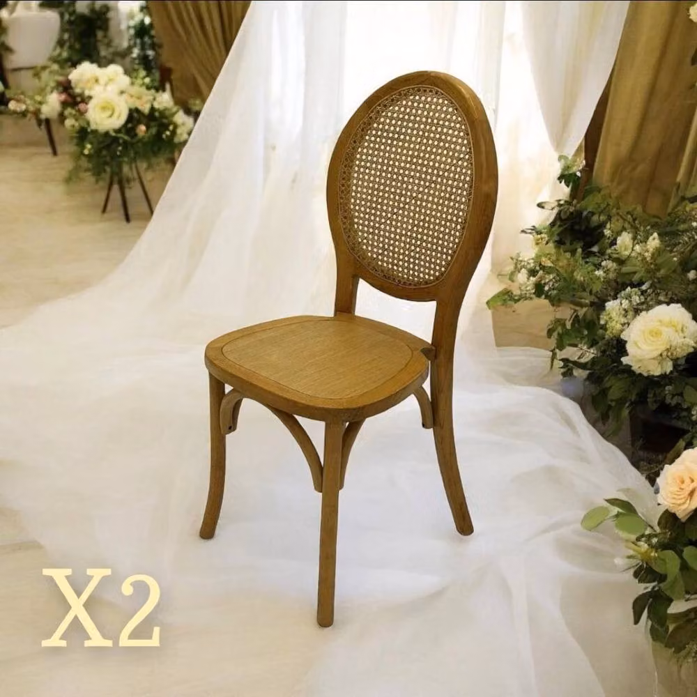 PAWNORA Rustic Brown Wood and Rattan Cane Backed Dining Chairs – 4