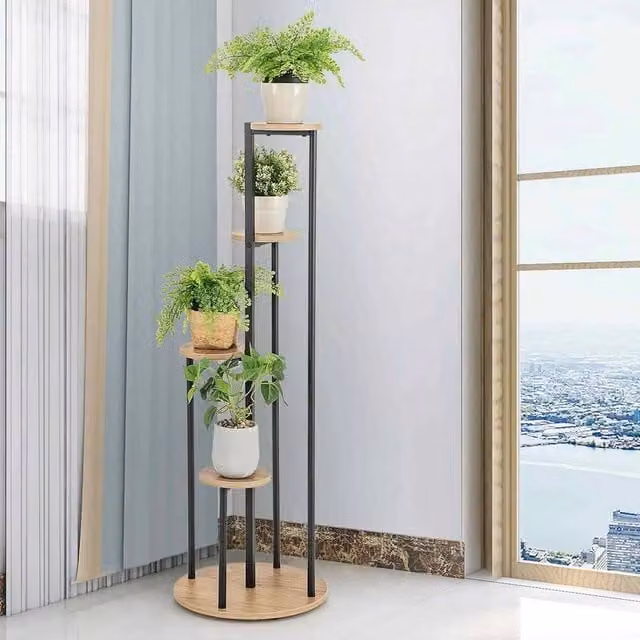 KORVIXA Tall Corner Metal Plant Stand in Brown, H 125 x W 40 x D 40 cm – 1