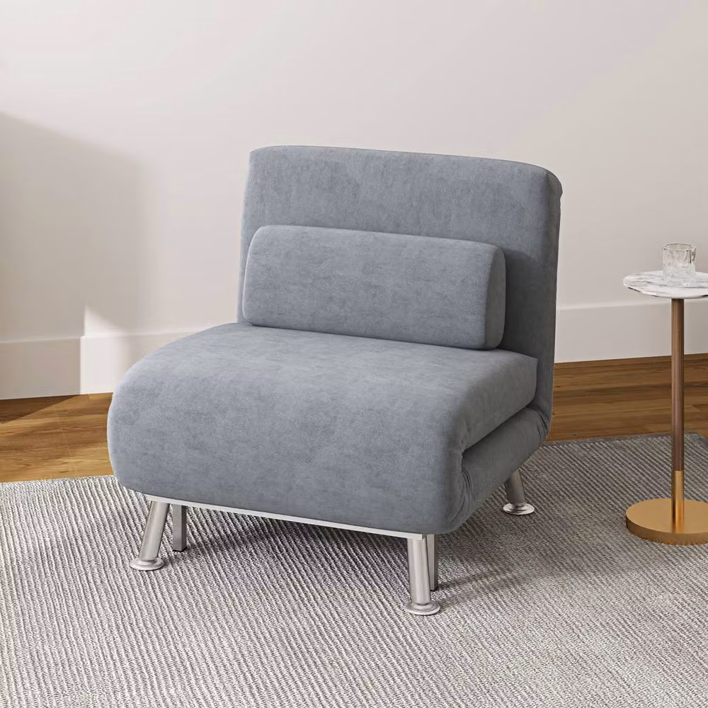 ERGOVEXA Grey Velvet-Feel Single Sleeper Chair with Metal Frame – 3