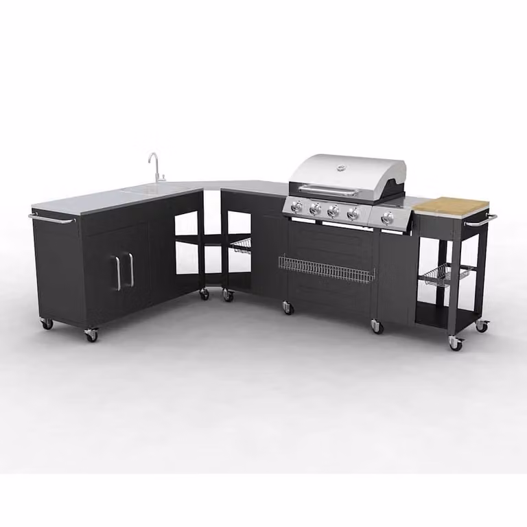 Berkfield Home Missouri 4 Burner Gas Outdoor Kitchen Barbecue in Black and Stainless Steel with Side Burner and Wheels