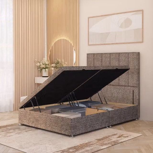 Somnior Beds Ltd Austin Small Single Ottoman Bed in Brown Tweed Fabric with Solid Wood Frame and Floor Standing Headboard