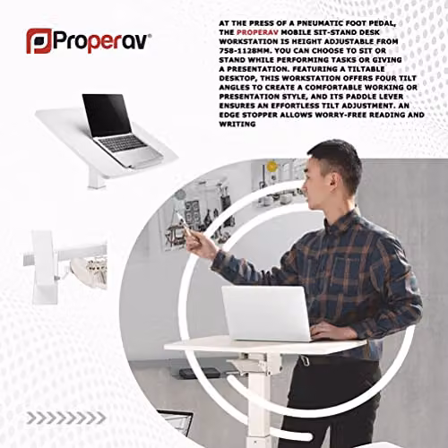 Properav Mobile Sit-Stand Tilting Desk Workstation with Gas Spring Height Adjustment and Pedal, White, W: 60.0 cm, D: 52.0 cm – 5