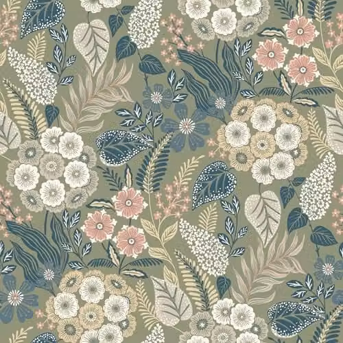 Grandeco Alice Mid Century Floral Botanical Textured Wallpaper, Blue Green