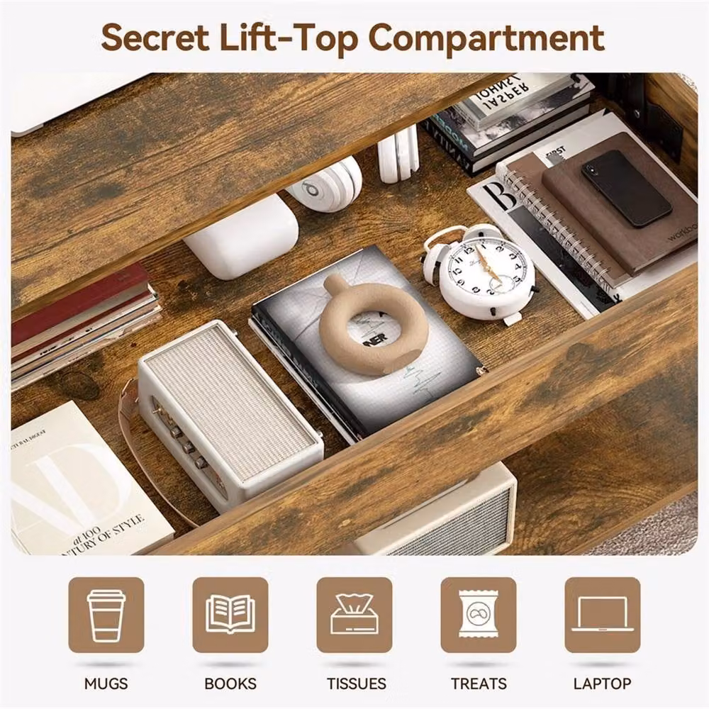 Nordara Brown Wooden Rectangular Coffee Table with Lift Up Top and Hidden Storage Shelf – 5