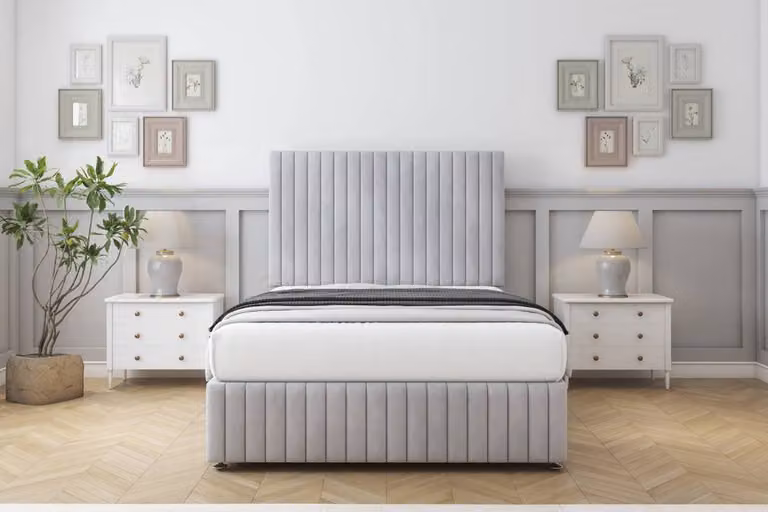 Sloomy Madison Naples Silver Upholstered Divan Bed Set with 26 inch Headboard and Footboard, Small Double, W/D/H: 120 x 200 cm