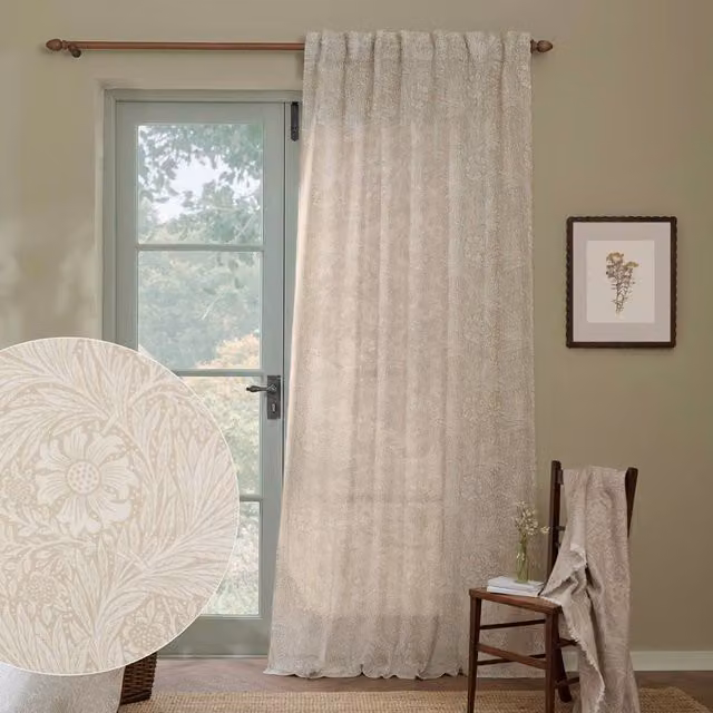 Morris & Co Beige Floral Semi-Transparent Viscose Fabric Curtain Panel, Width: 140 cm