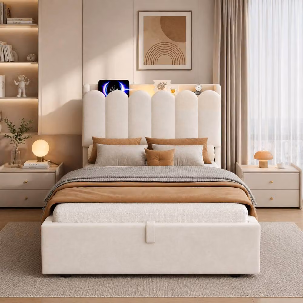 Rolipo Single Ottoman Bed Frame in Beige Velvet with USB Charging Port and Integrated Reading Light, W/D/H: 90 x 190 cm – 2