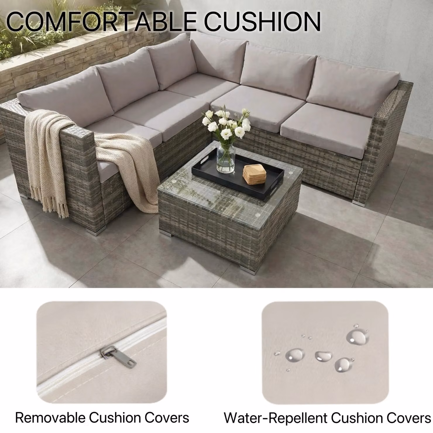 Alivio 5 Seater Grey Rattan Corner Sofa Set with Coffee Table and UV-Resistant Cushions – 8