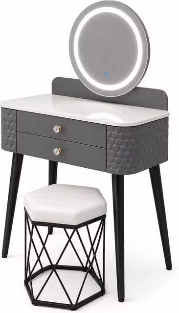 MN Furniture Modern Dressing Table with LED Mirror and Storage Drawer, Grey, W: 60 cm, D: 40 cm, H: 127 cm