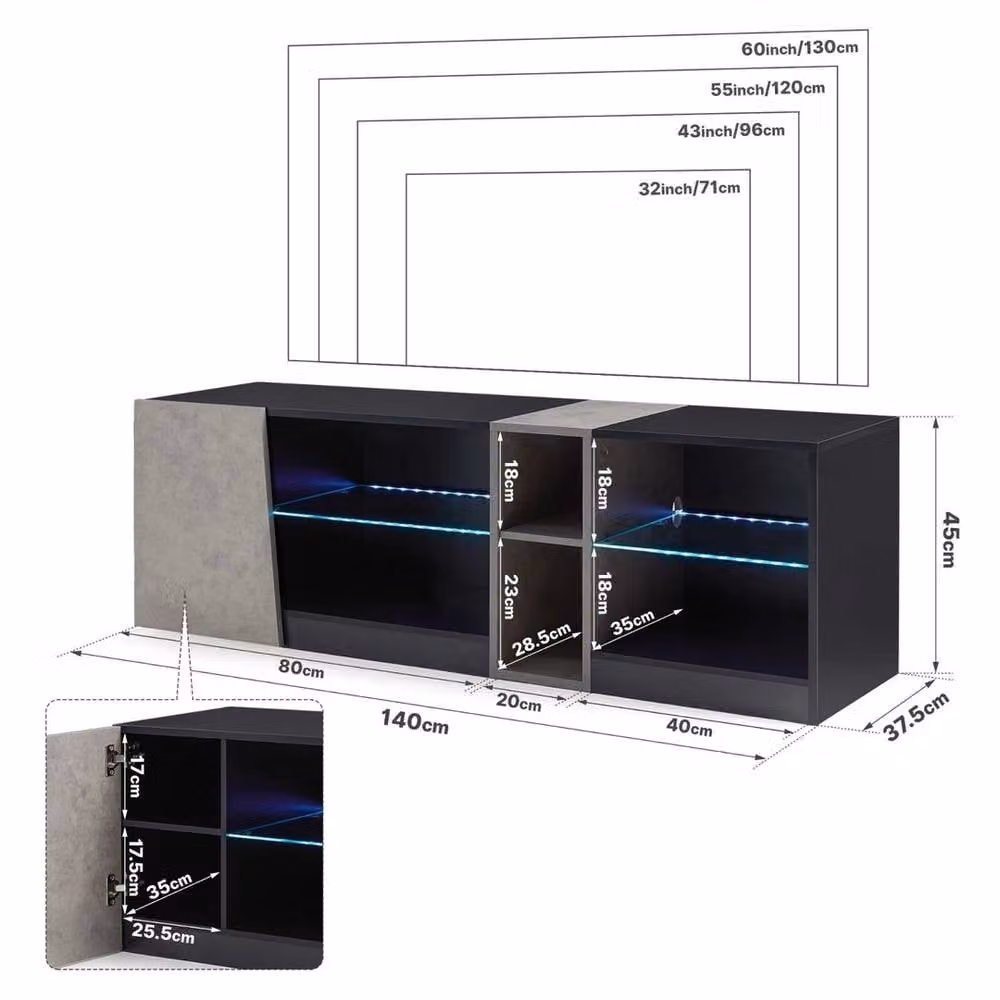 KORVIXA Modern Black LED-TV Stand Cabinet for up to 140cm TVs, W/D/H: 100 x 100 x 100 cm – 2